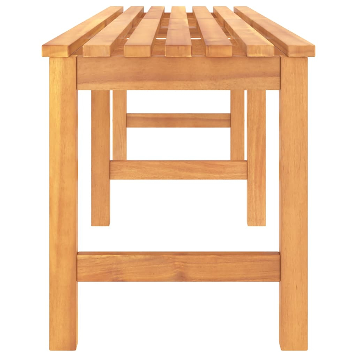 Nahaufnahme einer Holzbank. Lattenrost mit rechteckigen Holzbeinen.