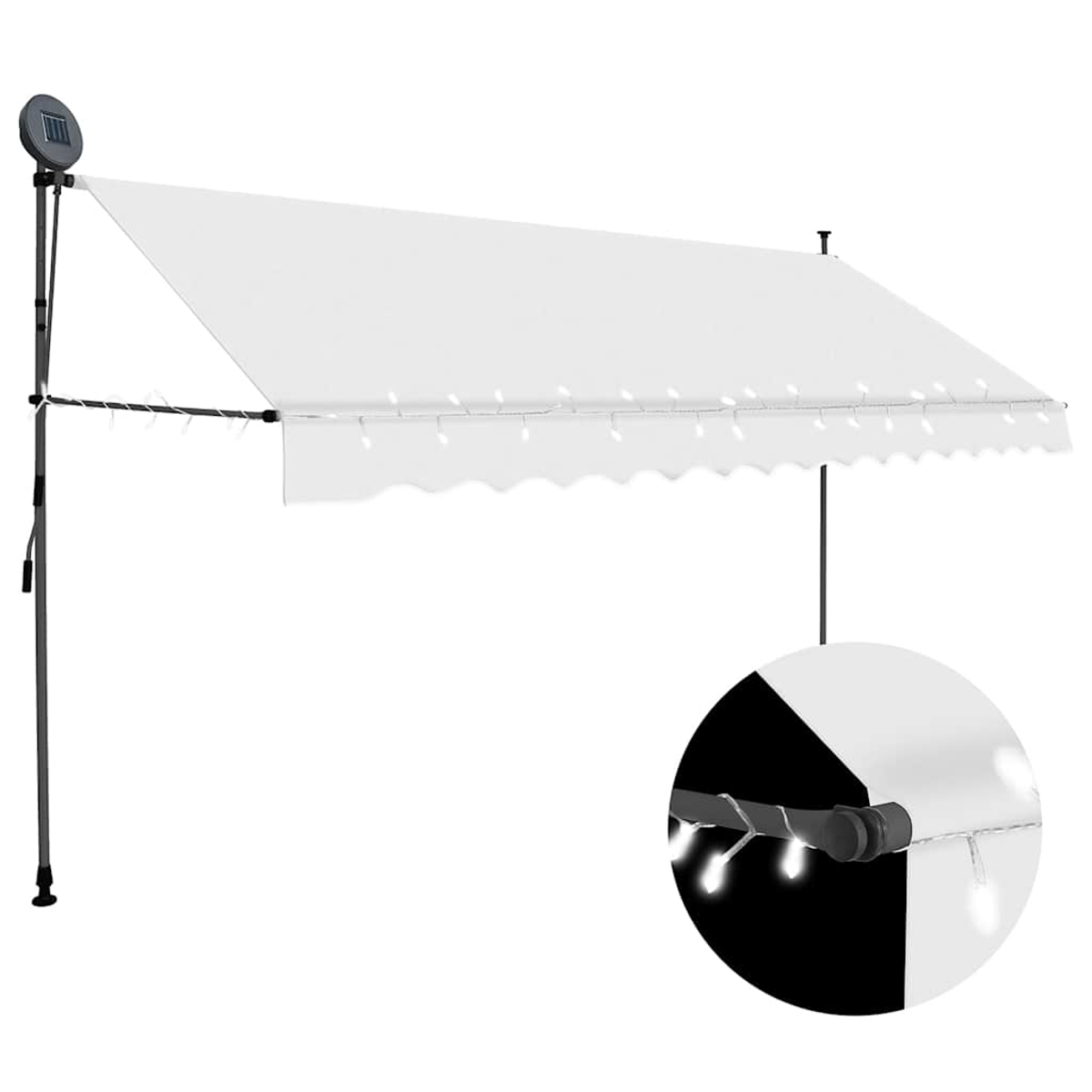 Weißes Sonnensegel mit Lichtern, Solarpanel oben, Nahaufnahme der Lichter.