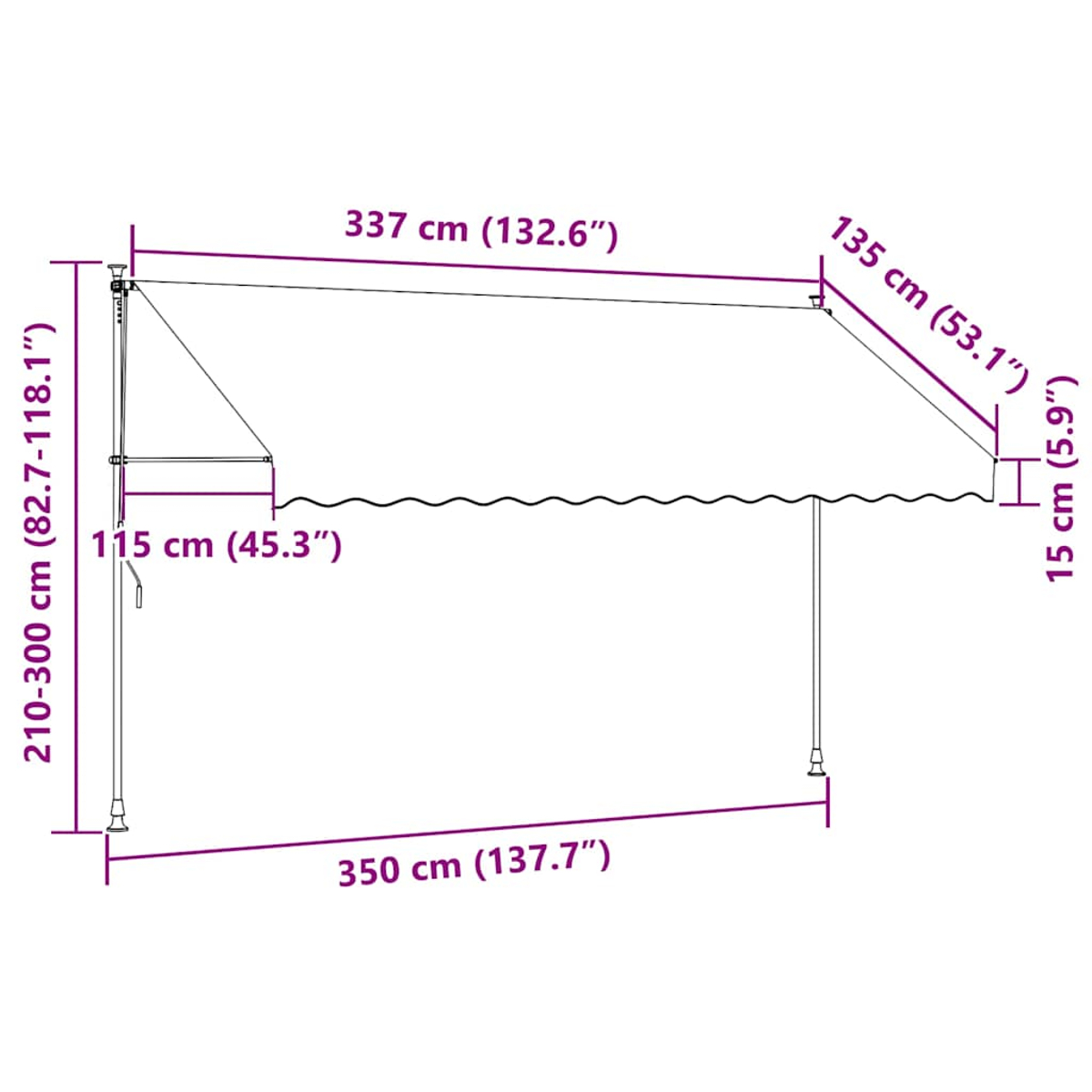 Diagramm einer Markise mit Abmessungen in cm und Zoll. Die Markise ist weiß.