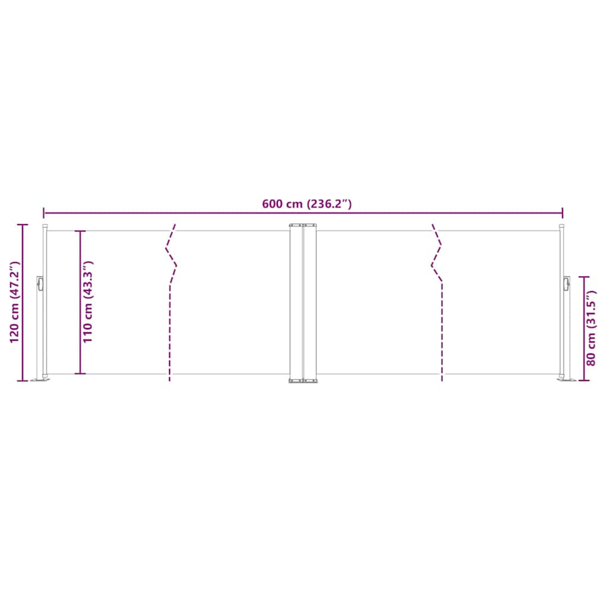 Diagramma di uno schermo pieghevole con dimensioni in cm e pollici.