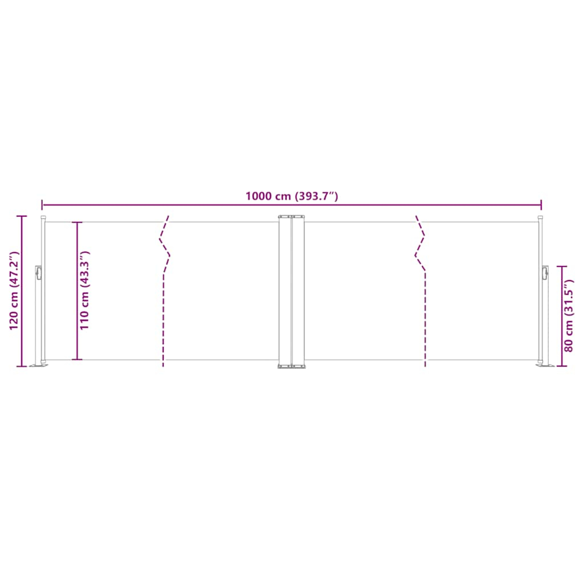 Diagramma che mostra le dimensioni dello schermo per la privacy con misure in cm e pollici.