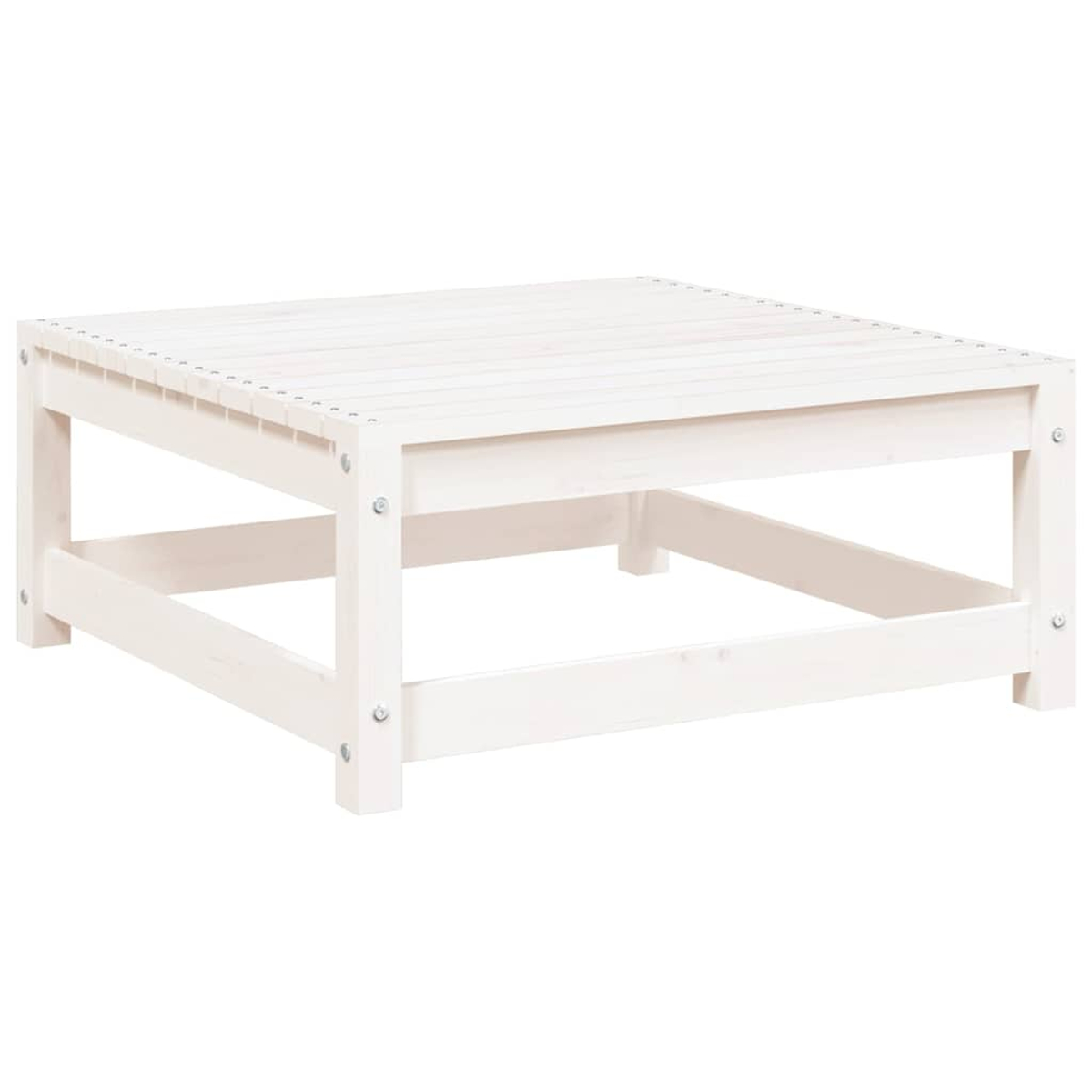 Weißer quadratischer Holztisch. Einfaches Design mit sichtbaren Schrauben.