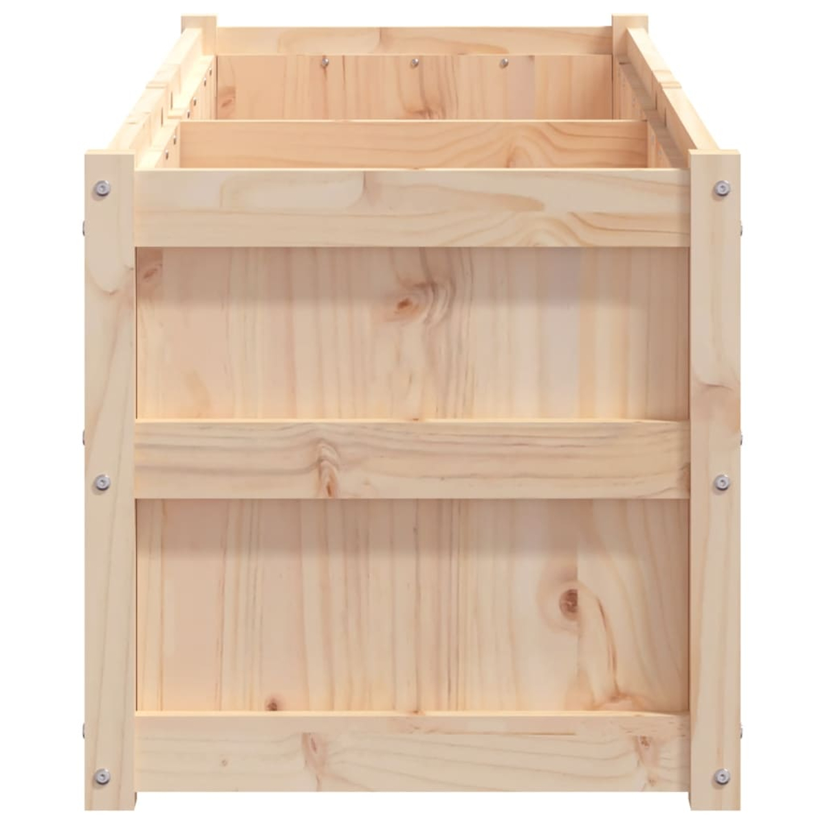Eine Holzkiste mit Maßangaben. Es besteht aus hellbraunem Holz.