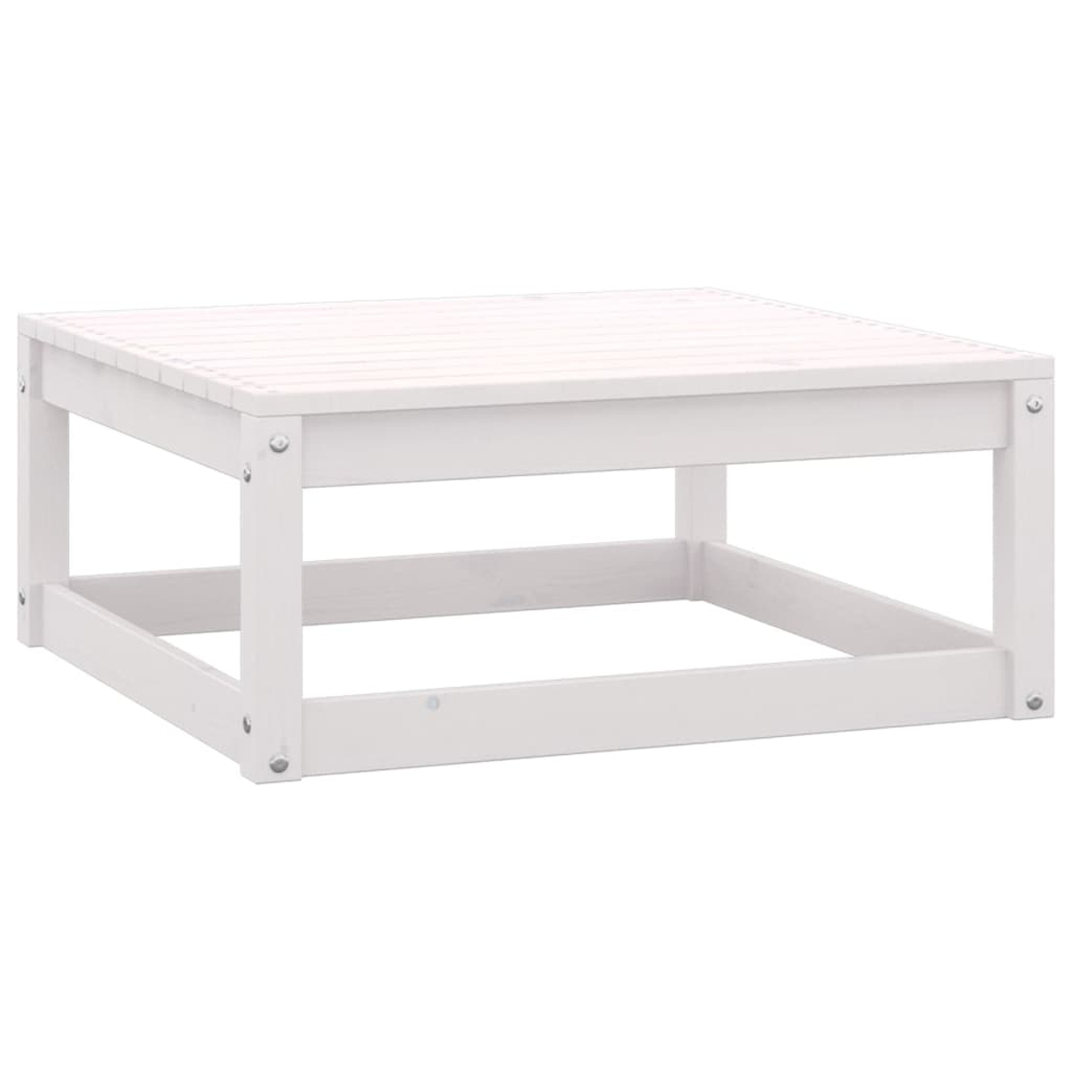 Weißer quadratischer Couchtisch aus Holz. Der Tisch hat eine Lattenoberfläche und offene Basis.