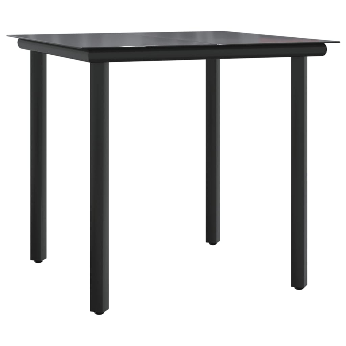 Schwarzer quadratischer Tisch mit vier Beinen. Der Tisch steht auf weißem Hintergrund.