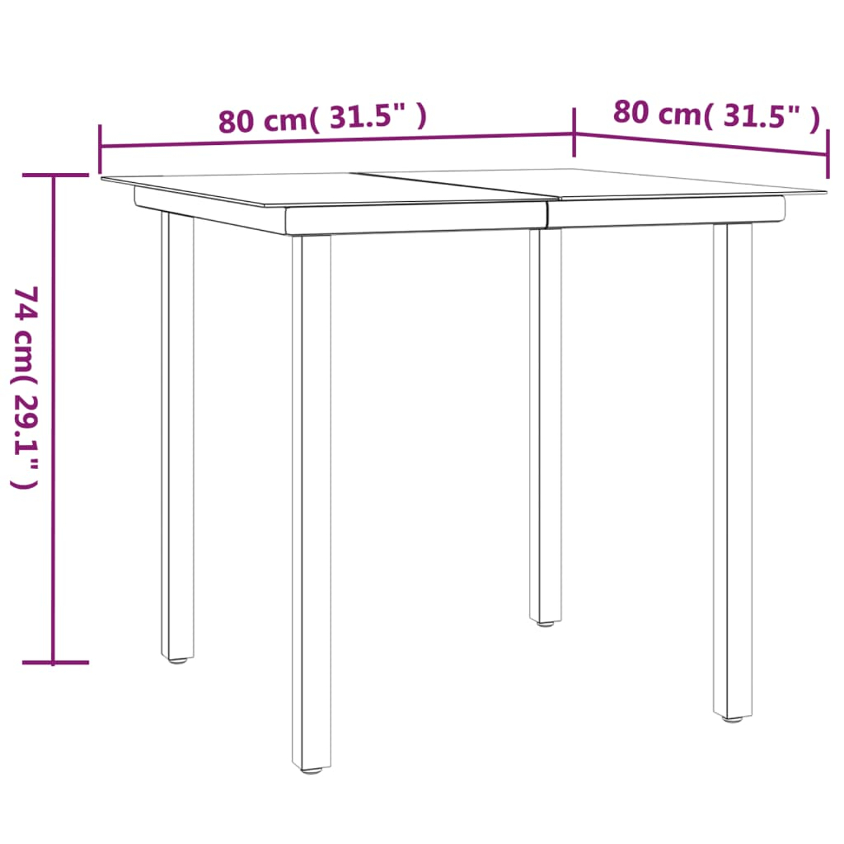 Diagramm eines quadratischen Tisches mit Abmessungen in cm und Zoll.