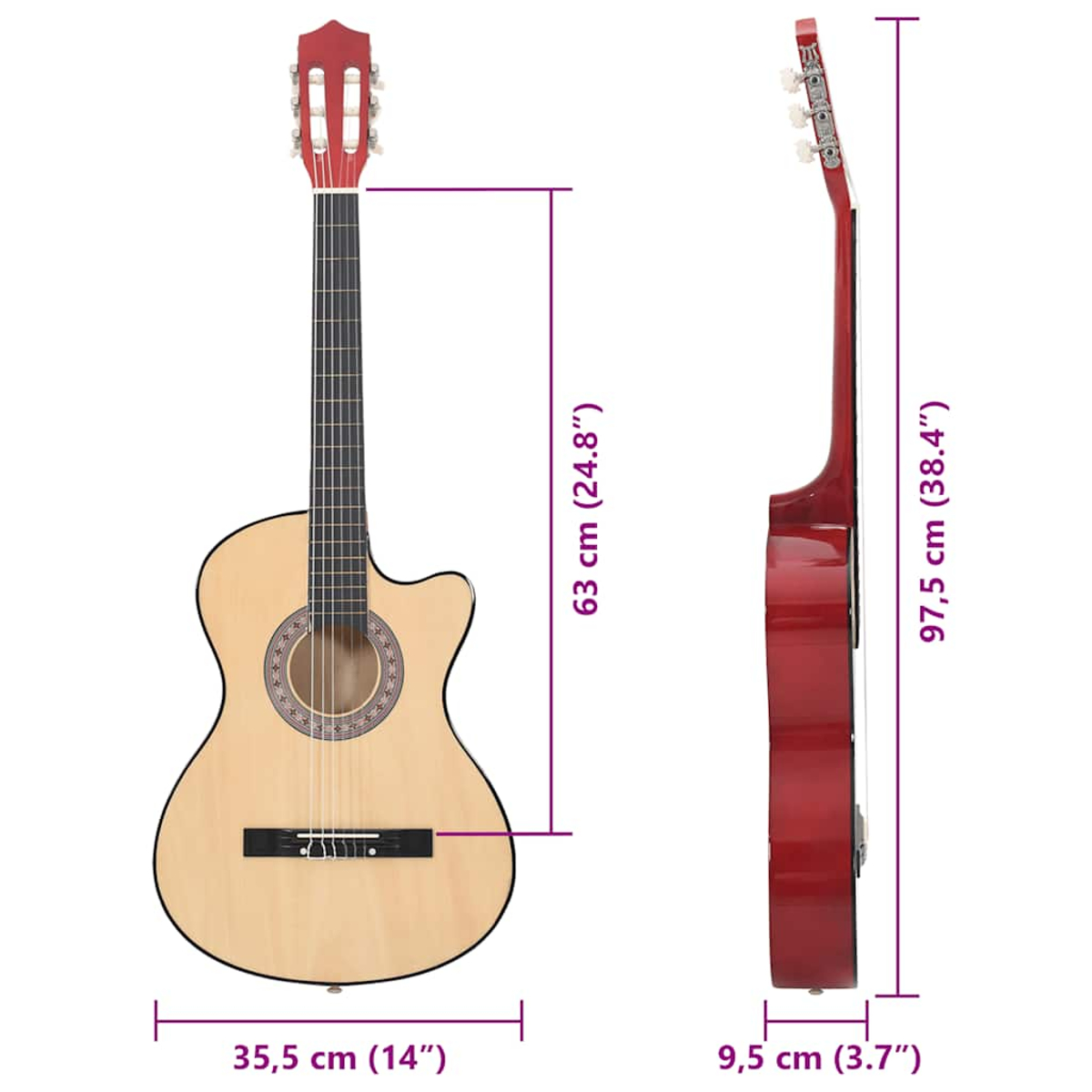 Akustikgitarre mit Abmessungen, einschließlich Korpusbreite, Länge und Halslänge.