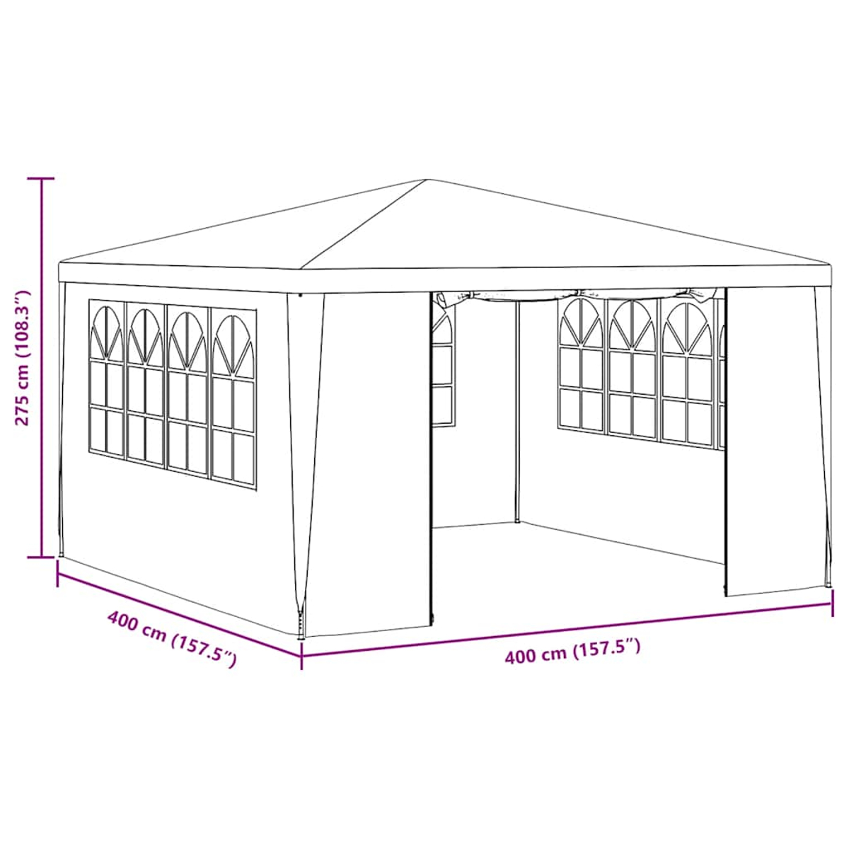 Gazebo disegnato con tetto a punta. Ha più finestre ad arco e sezioni aperte. Le dimensioni sono etichettate.