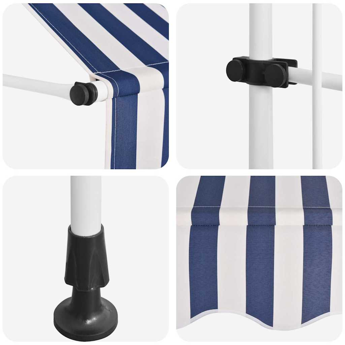 Nahaufnahme von gestreiften Markisenstoffdetails. Blau und Weiß.