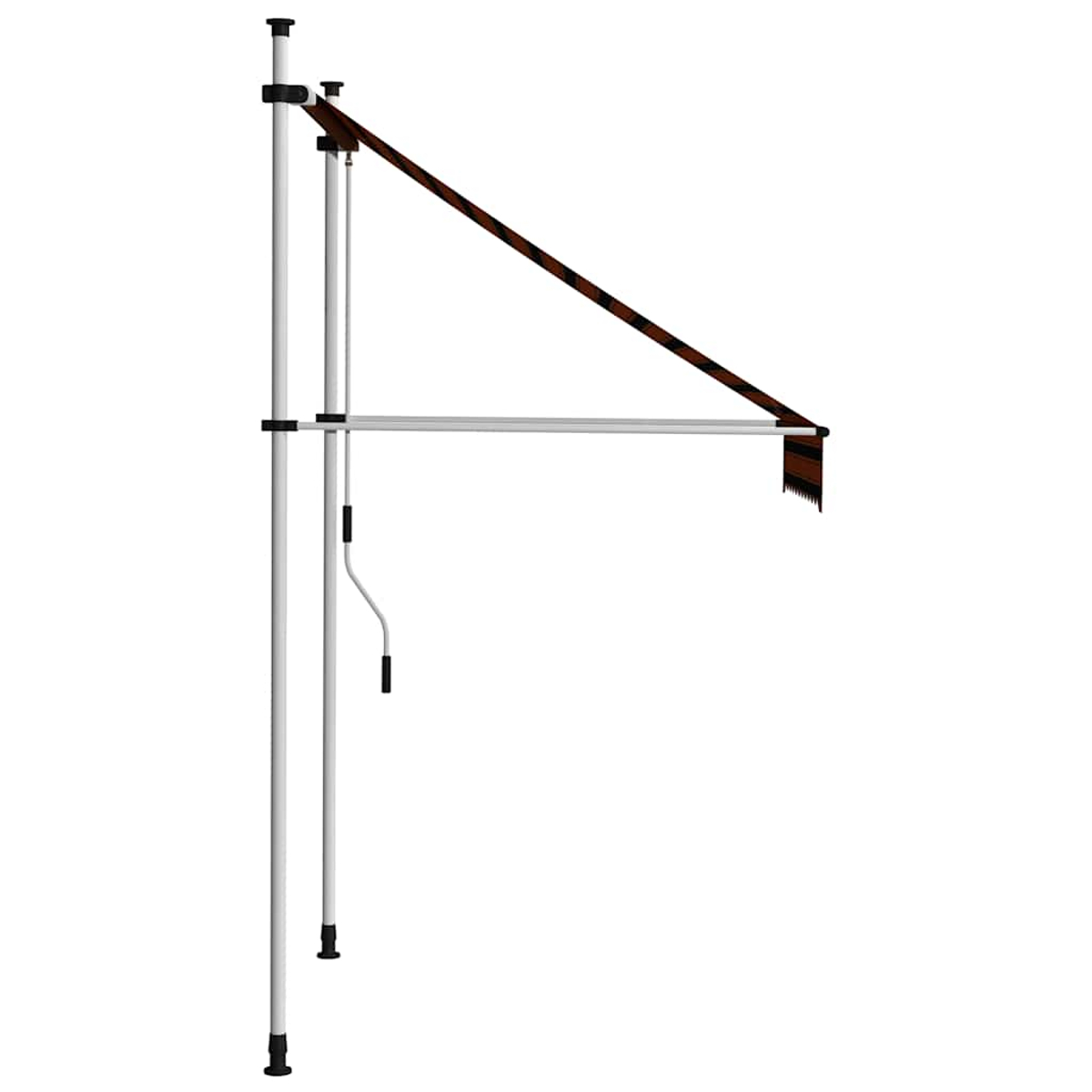 Eine Markise mit Holzdesign. Das Design wird von weißen Pfosten und einer Kurbel getragen.