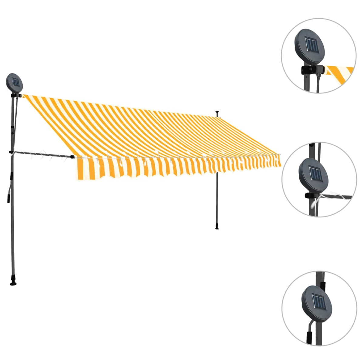 Eine Markise mit gelben und weißen Streifen, schwarzen Stützen und Solarpanelen. Isoliert auf Weiß.