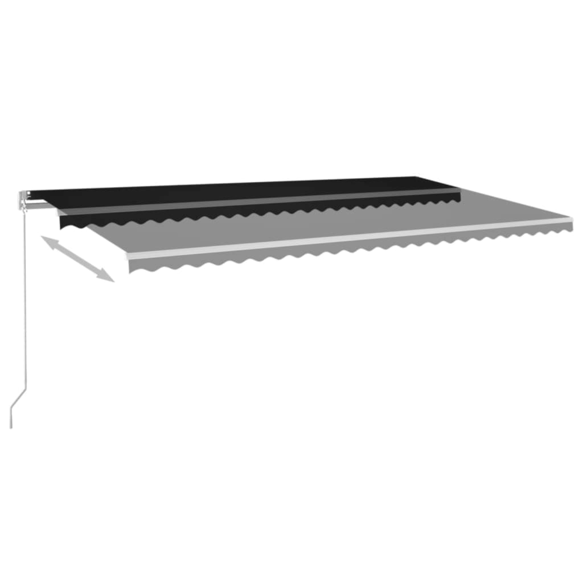 Eine Nahaufnahme einer Markise mit zweifarbigem Design. Sie ist horizontal ausgefahren.