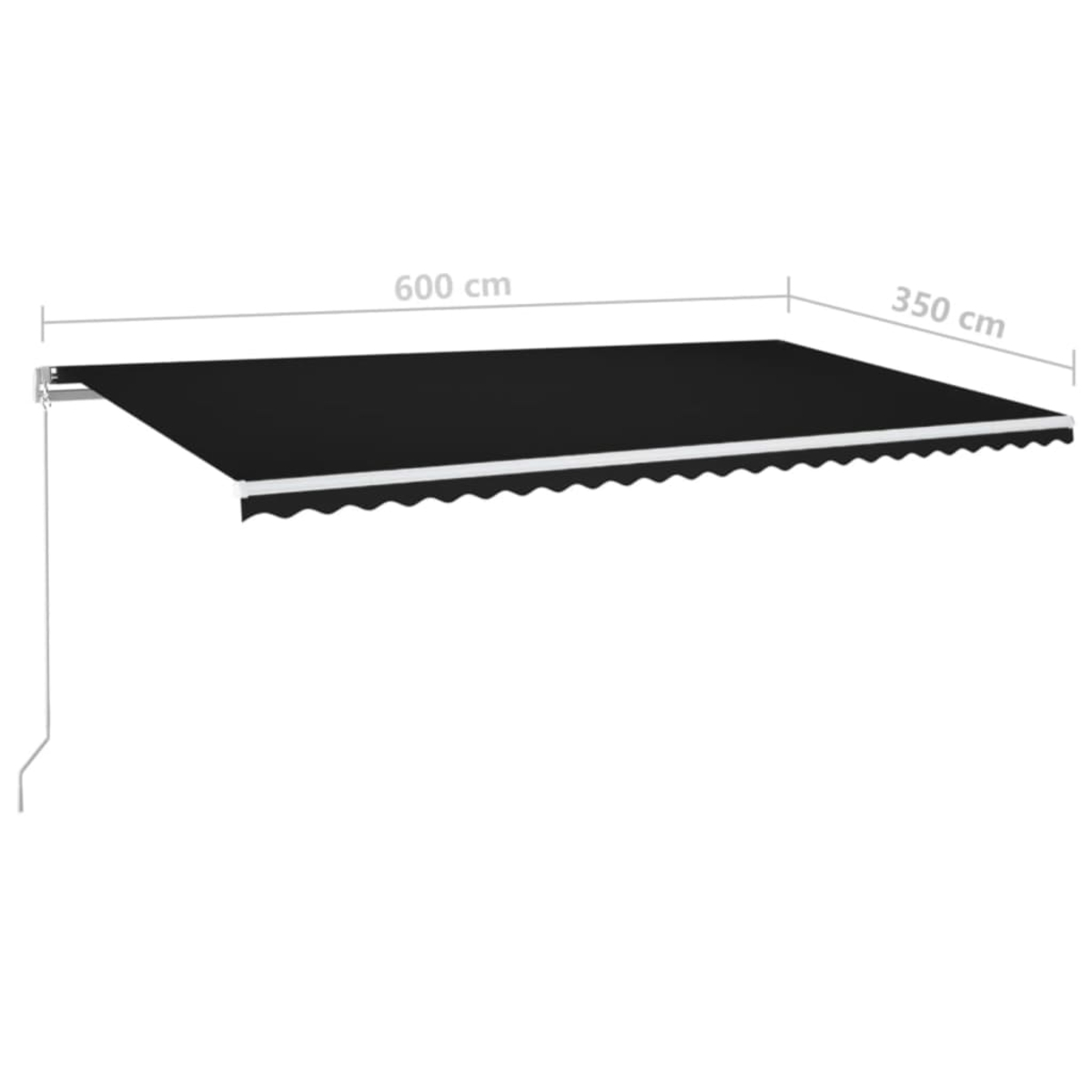 Eine schwarze Markise, horizontal ausgefahren. Der Rand der Markise hat ein wellenförmiges Muster.