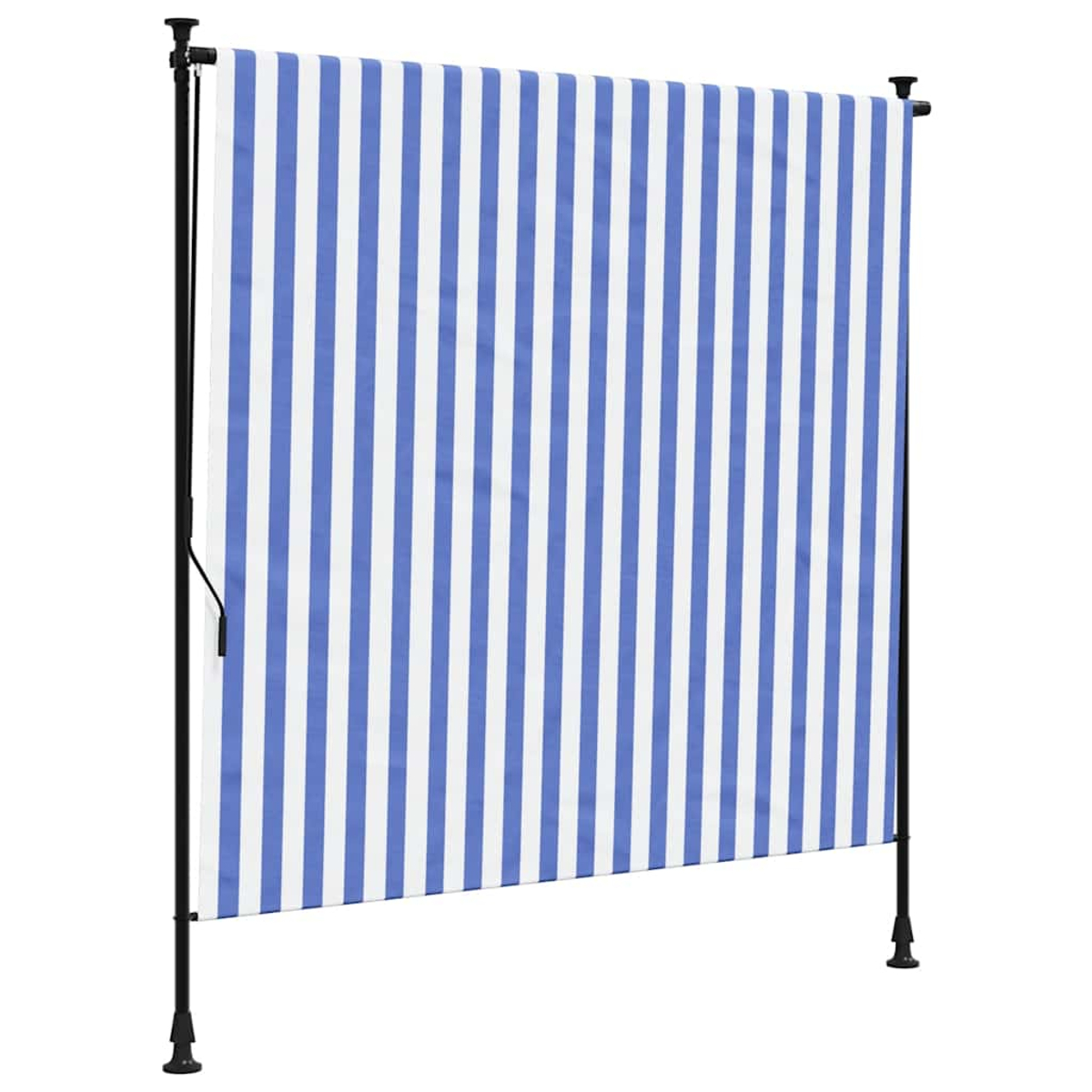 Ein blau-weiß gestreifter Stoffschirm wird von schwarzen Stangen getragen. Der Schirm ist rechteckig und steht aufrecht.