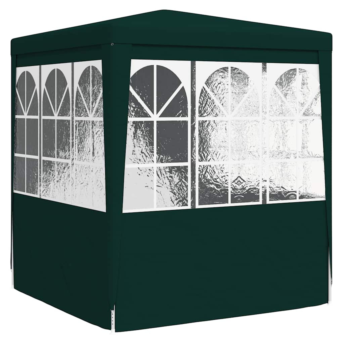 Una glorieta verde con ventanas arqueadas blancas. La estructura está sobre un fondo blanco.