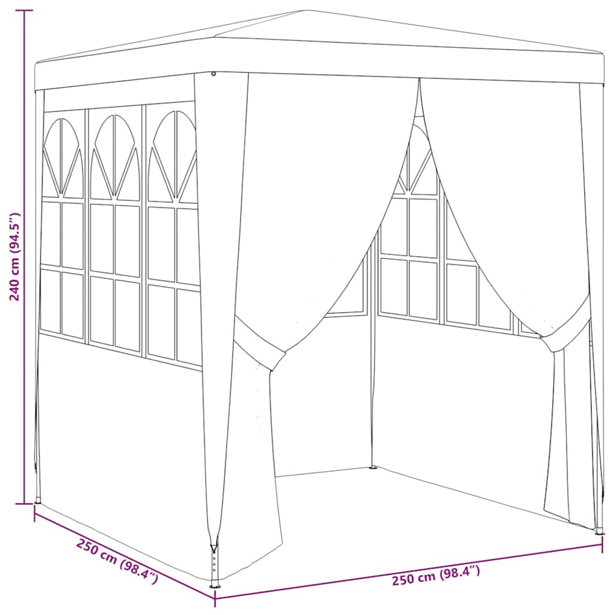Cenador blanco con cortinas. Las dimensiones se indican en la imagen.