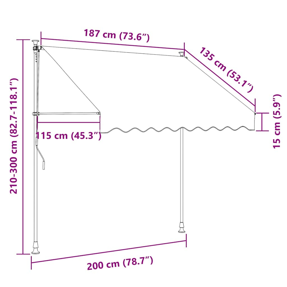 Markise mit Abmessungen. 187 cm Breite, 135 cm Tiefe. Pfosten zeigen Höhe.