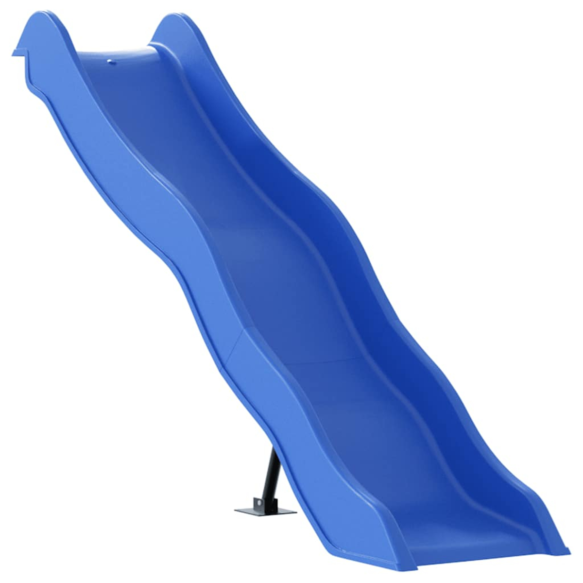 Eine blaue Kunststoffrutsche mit geschwungenem Design, auf weißem Hintergrund. Sie hat schwarzen Halt.