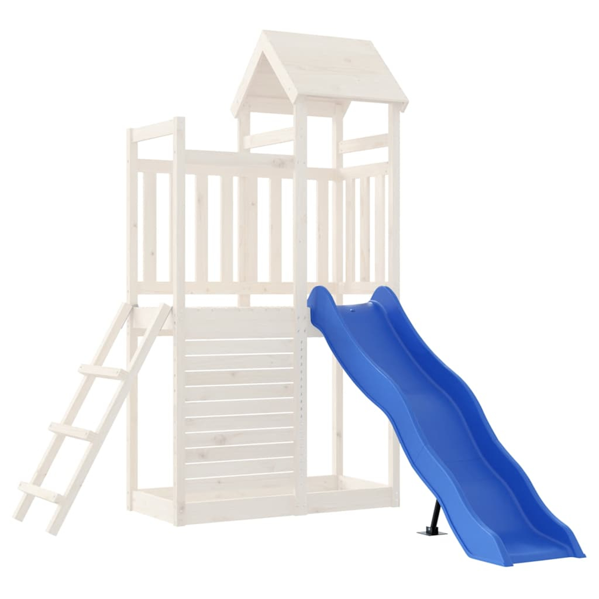 Spielplatz aus Holz mit Rutsche und Leiter. Weiße Struktur, blaue Rutsche. Hintergrund ist weiß.
