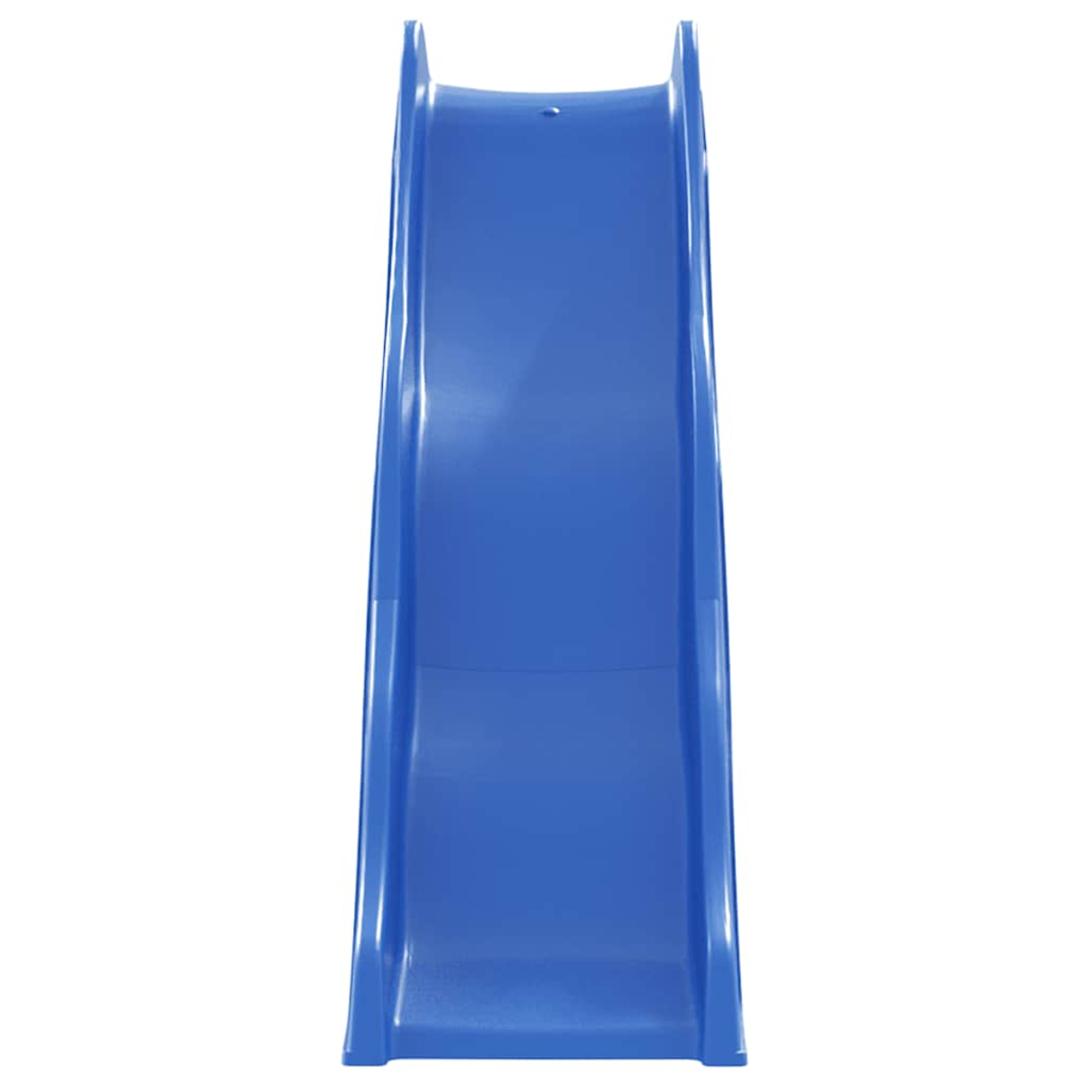 Eine blaue Kunststoffrutsche auf weißem Hintergrund. Die Rutsche ist von oben zu sehen.