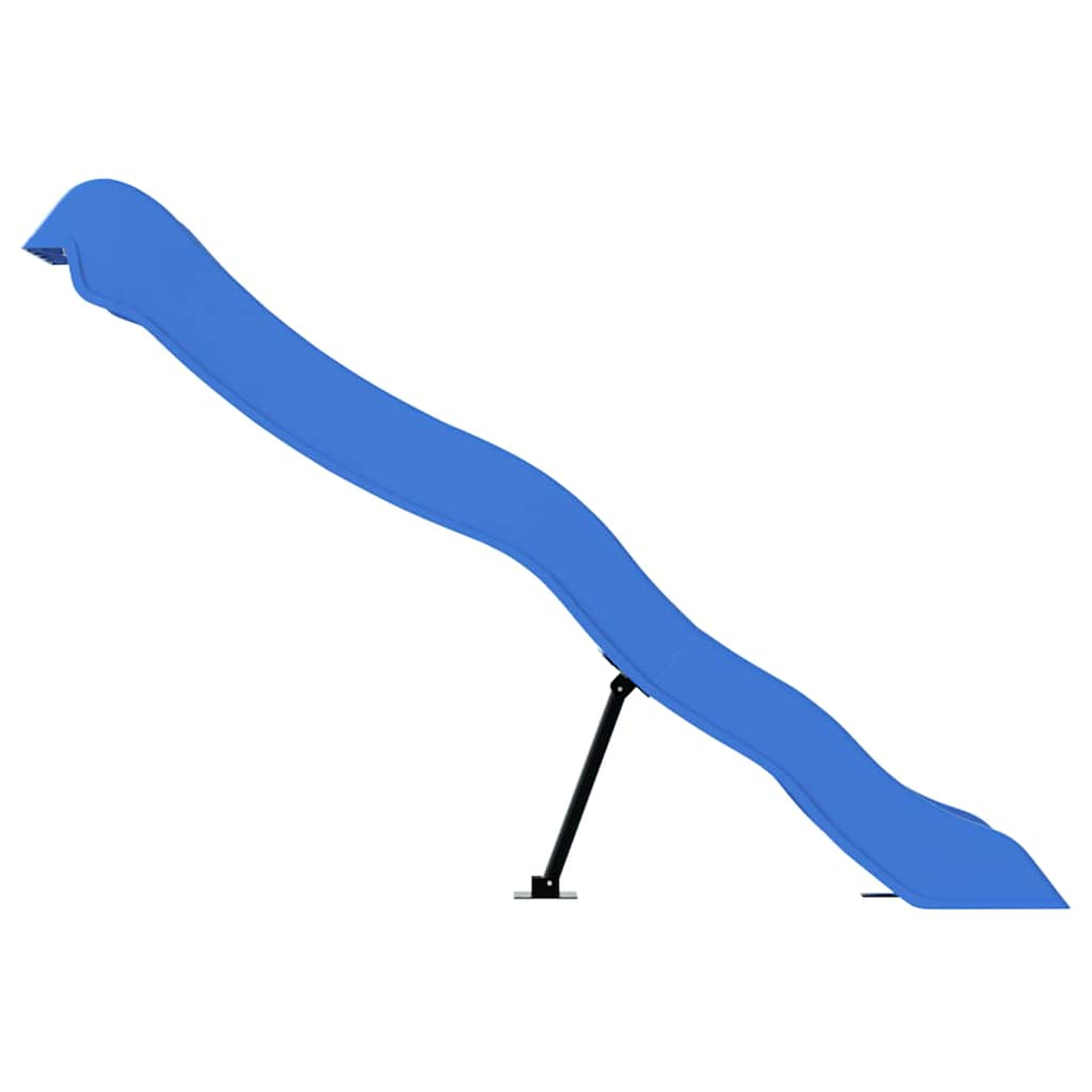 Eine blaue Rutsche auf weißem Hintergrund. Sie hat ein wellenförmiges Design und wird von einem schwarzen Metallrahmen getragen.