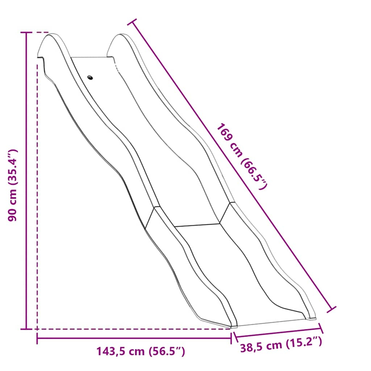 Rutsche mit Maßen. Weißer Hintergrund. Wellenform. Maße in cm und Zoll.