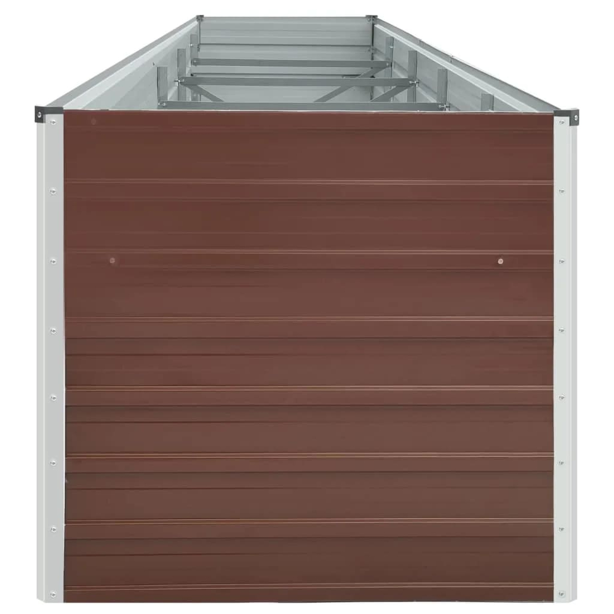 Braunes Metall-Gartenbeet mit silbernem Rahmen. Das Beet hat horizontale Linien.