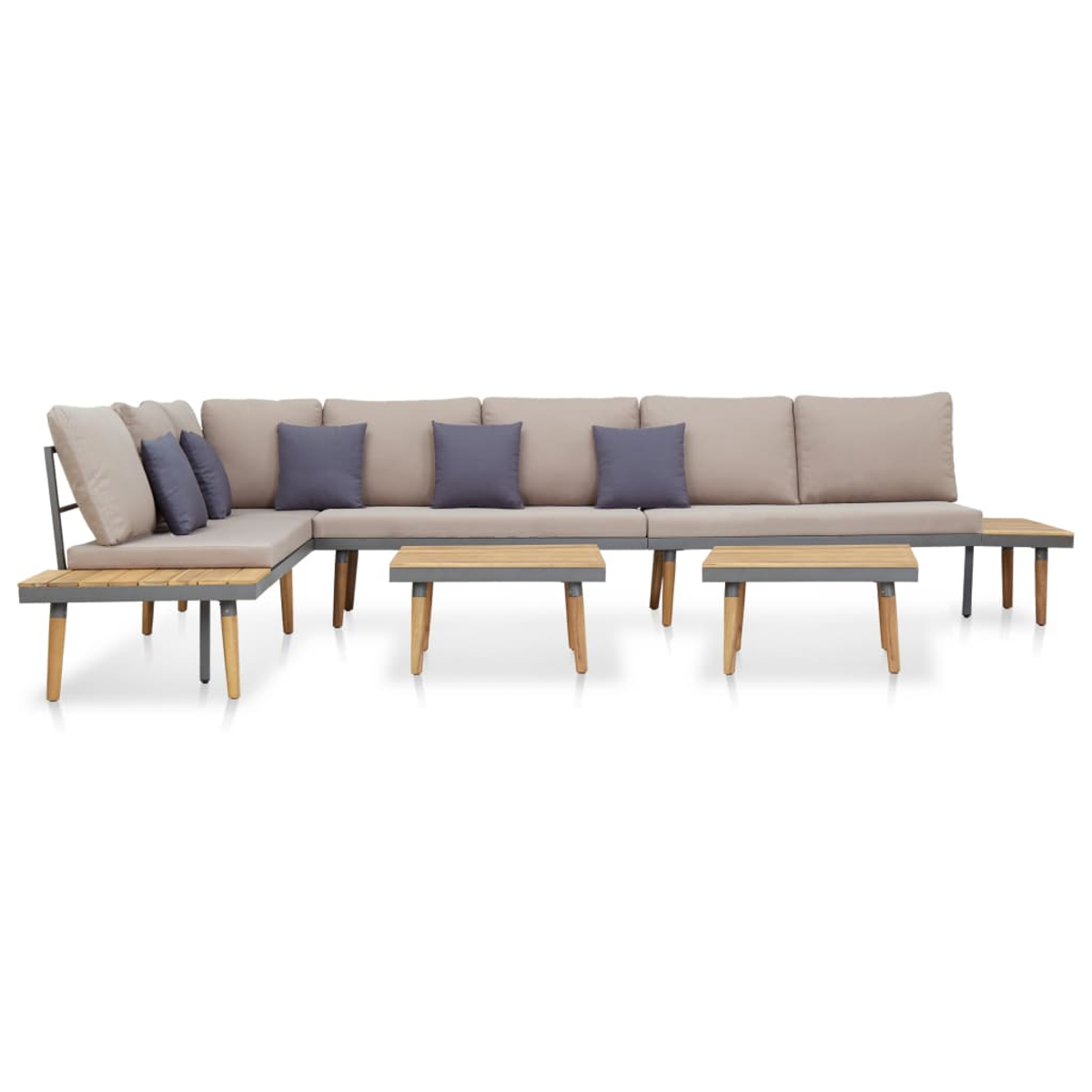 Outdoor-Sofagarnitur. Beige Kissen, graue Rahmen, Holztische und blaue Kissen. Weißer Hintergrund.