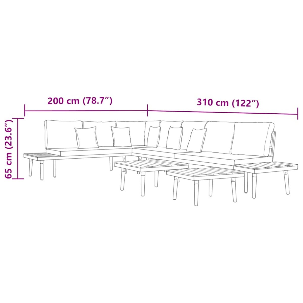 Strichzeichnung eines L-förmigen Sofas mit Maßen. Tische sind ebenfalls gezeigt. Weißer Hintergrund.