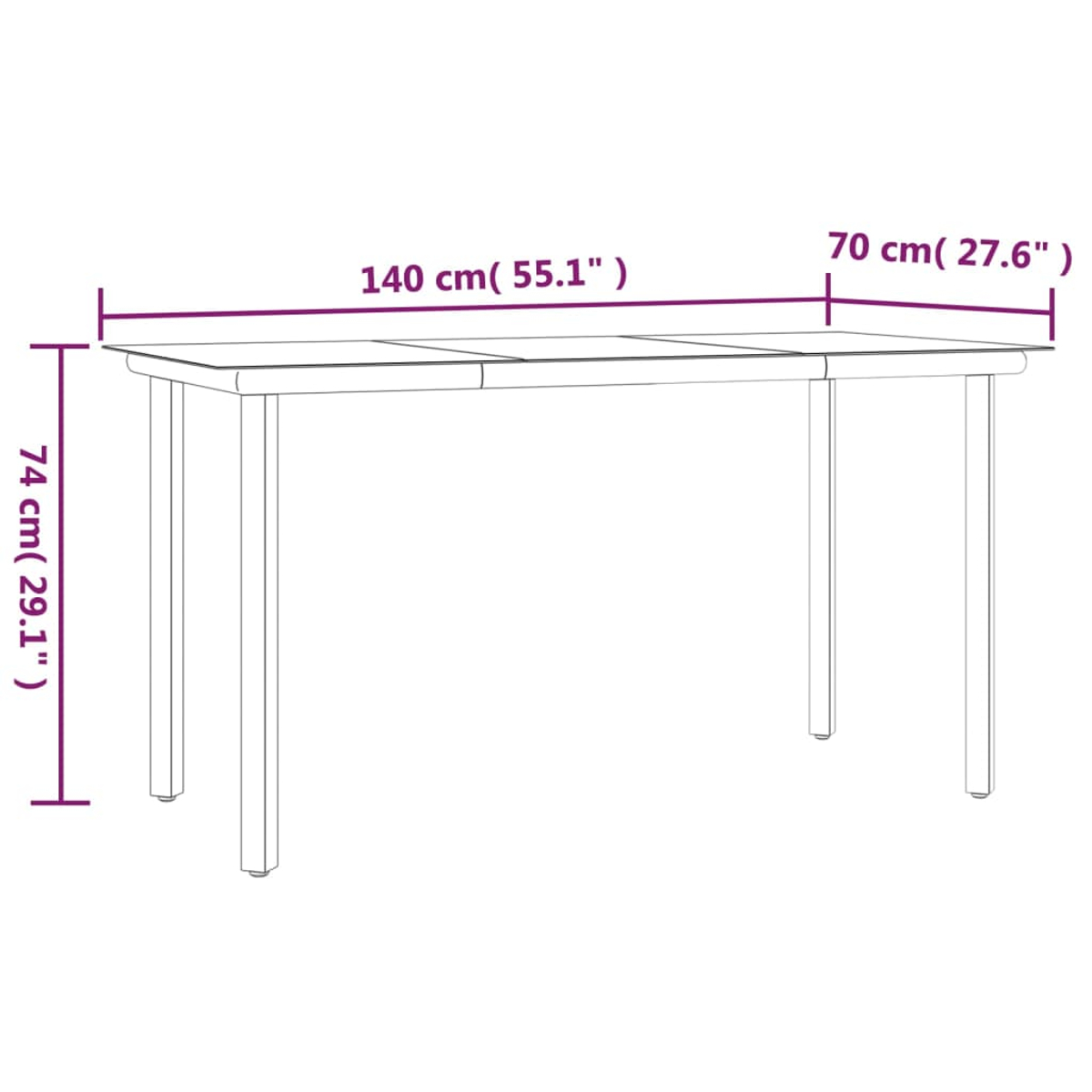 Strichzeichnung eines rechteckigen Tisches. Abmessungen: 140x70x74 cm (55,1x27,6x29,1 Zoll).