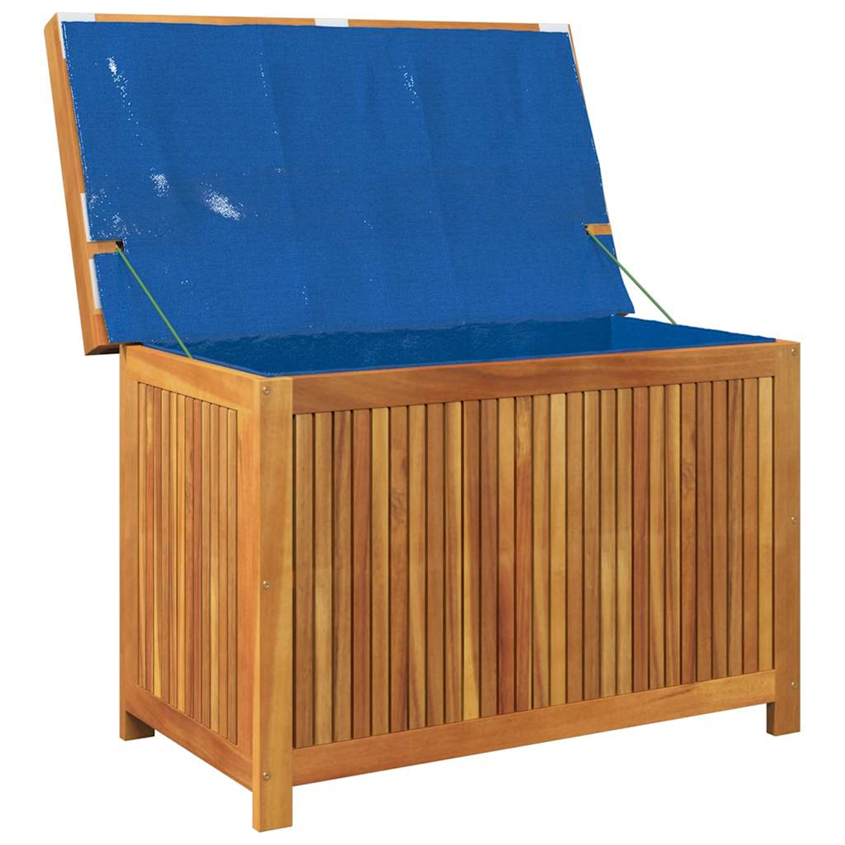 Holz-Aufbewahrungstruhe, geöffnet, mit blauem Futter. Braune Holzlatten an den Seiten.