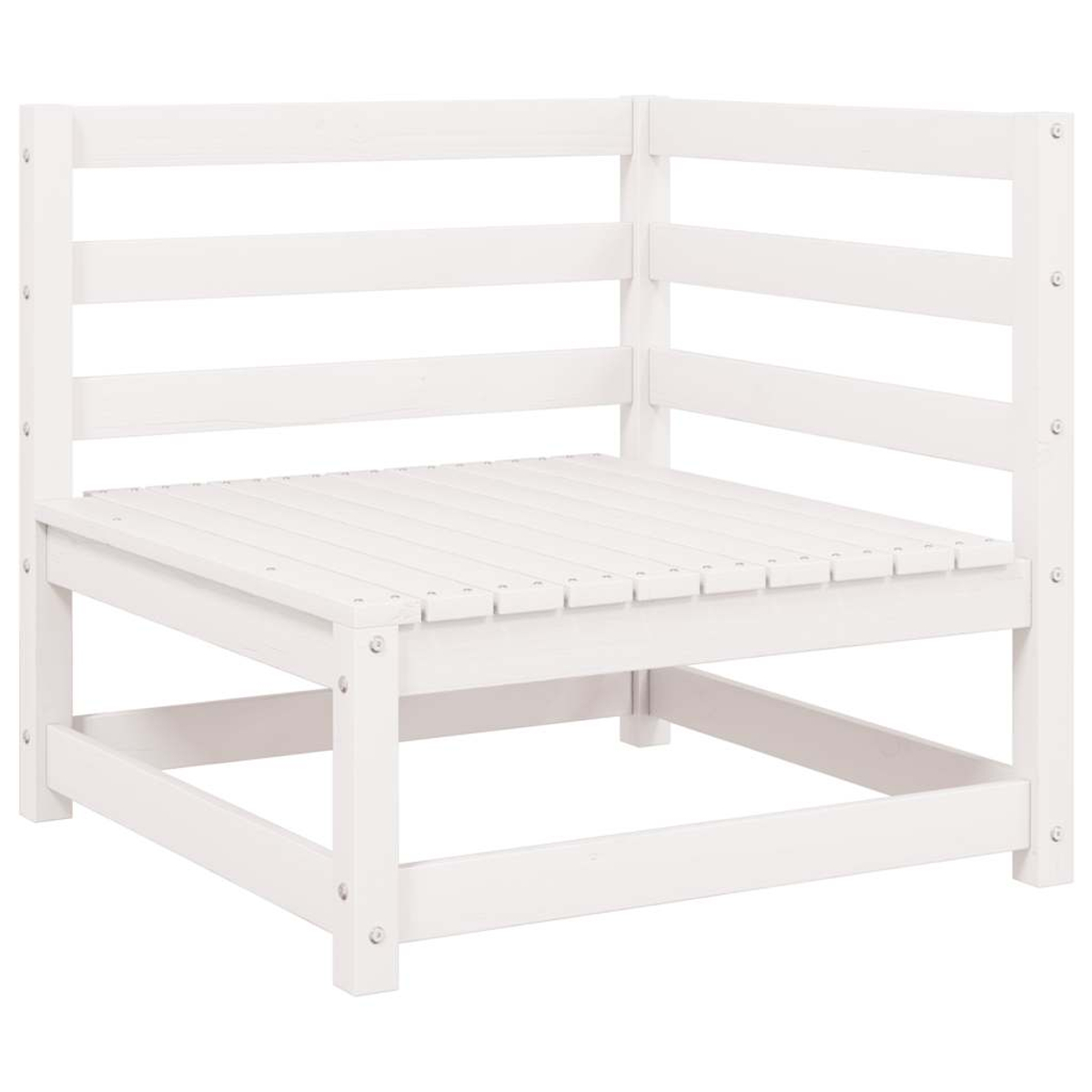 Weißer Eckstuhl aus Holz. Es hat ein Lamellendesign mit quadratischem Sitz und Rückenlehne. Der Stuhl ist leer.