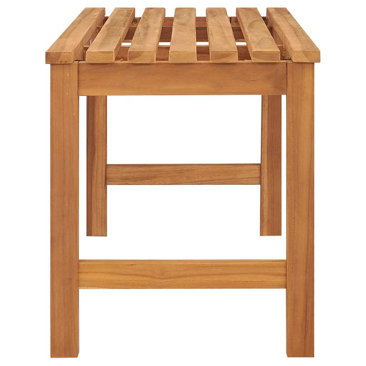 Holzbank, Seitenansicht mit Lattenrost Sitz und Rückenlehne, braune Farbe.