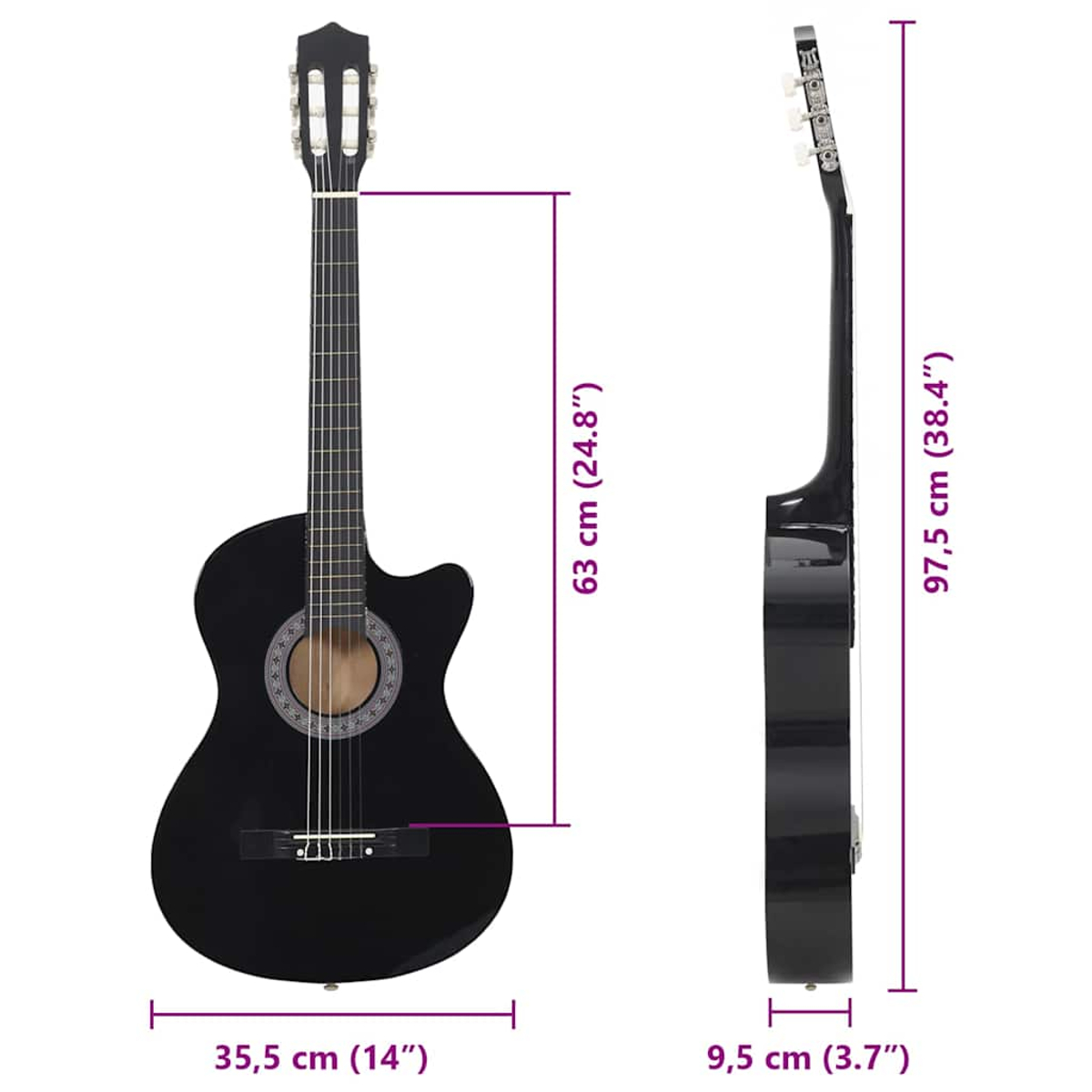 Schwarze Akustikgitarre. Maße: 63cm Länge, 35,5cm Breite, 97,5cm Höhe, 9,5cm Tiefe.