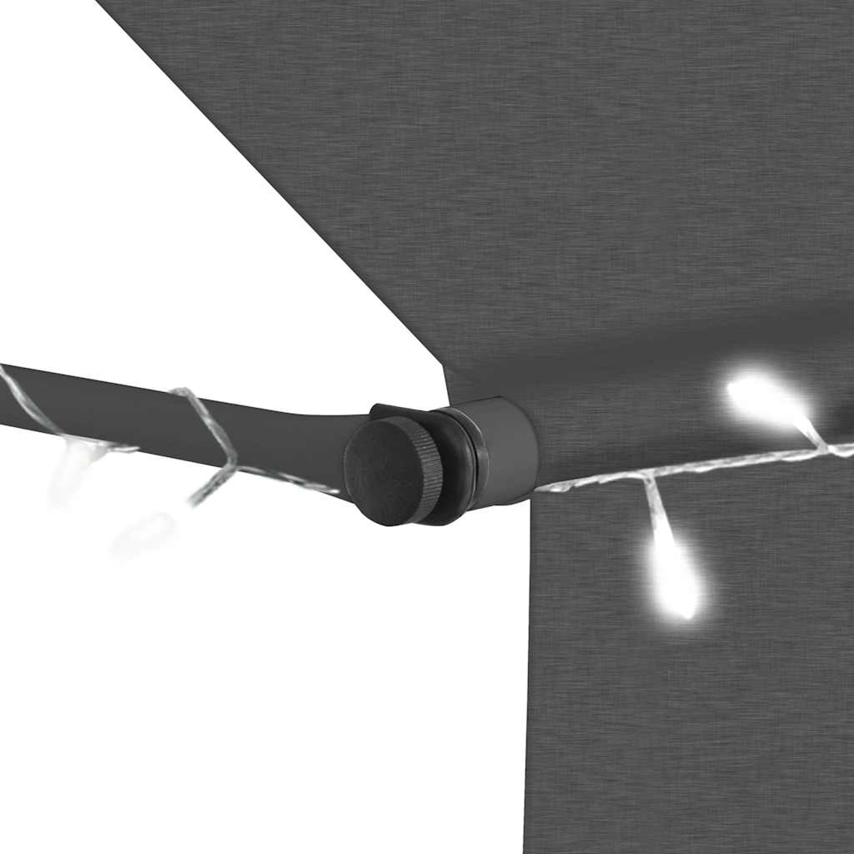 Nahaufnahme eines schwarzen Schattens mit angebrachten weißen Lichtern. Die Lichter sind an einer Schnur.