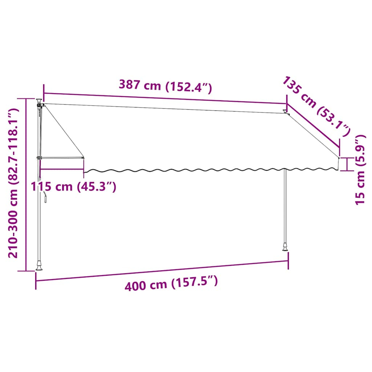 Diagramm einer Markise mit Maßen. Sie ist 400 cm breit und ragt 250 cm heraus. Die Höhe ist verstellbar.