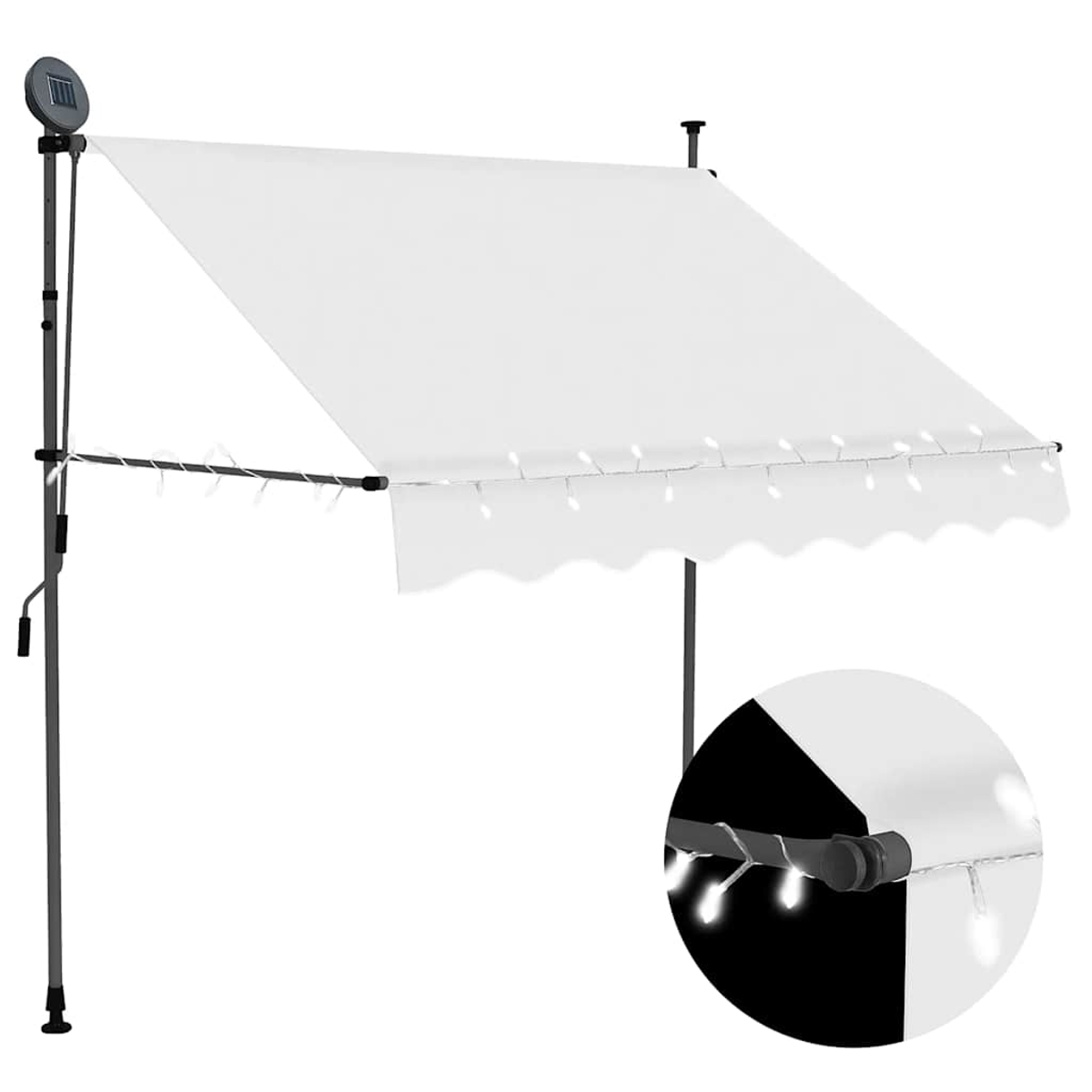 Weiße Markise mit Solarpanel und Lichtern.