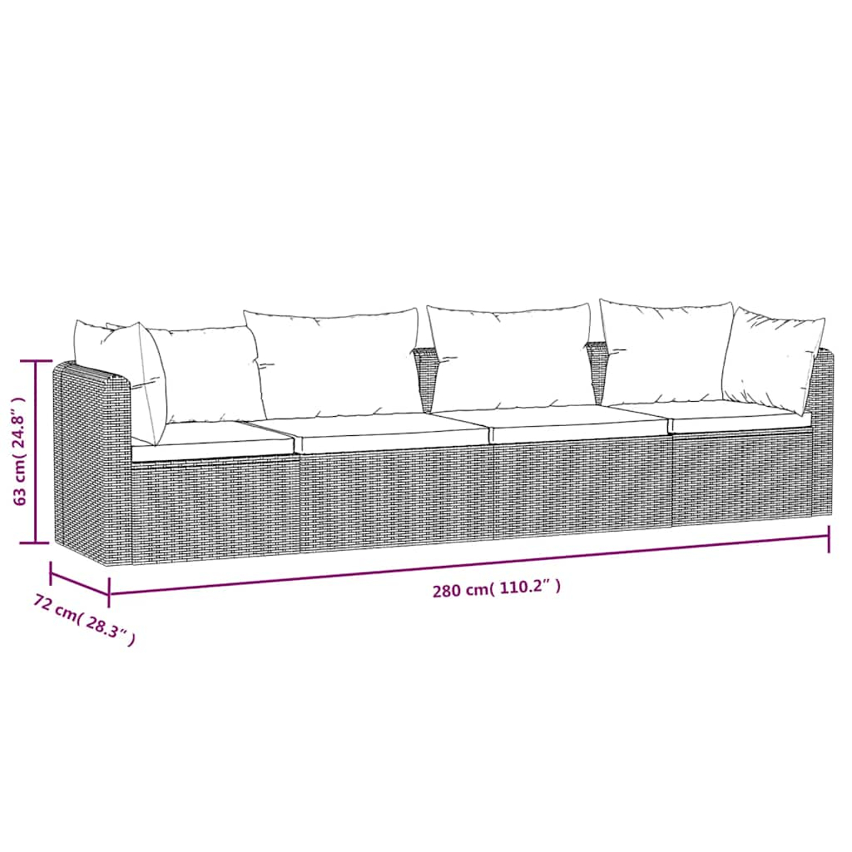 Graues Outdoor-Sofa aus Korbgeflecht mit vier weißen Kissen, vor weißem Hintergrund.