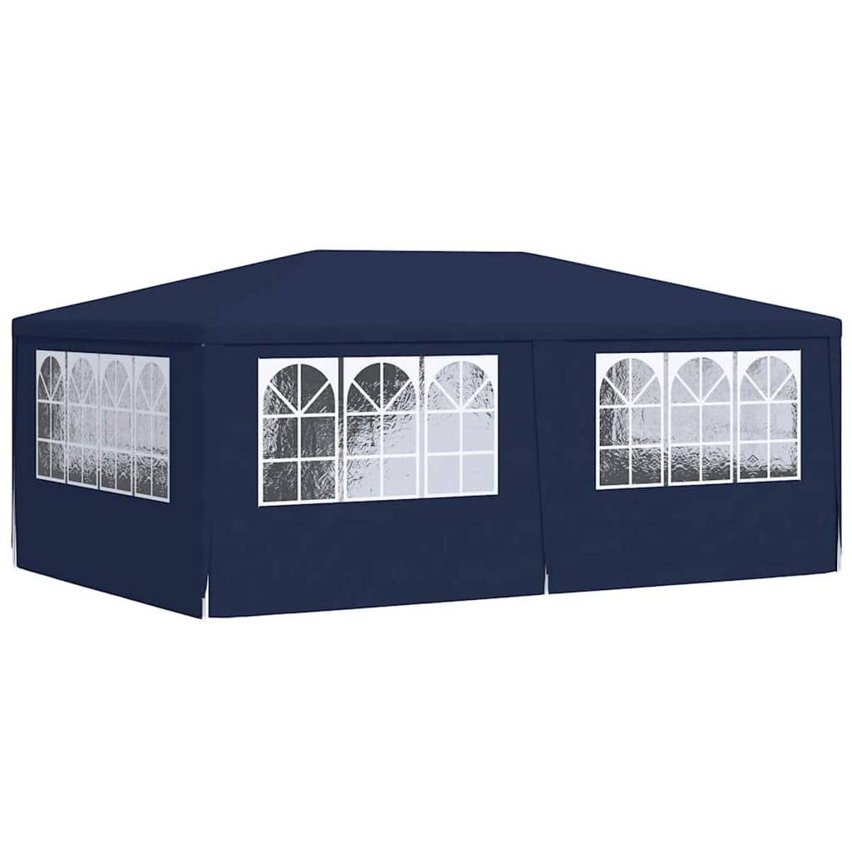 Un gazebo blu scuro con finestre con cornice bianca e tetto piatto.