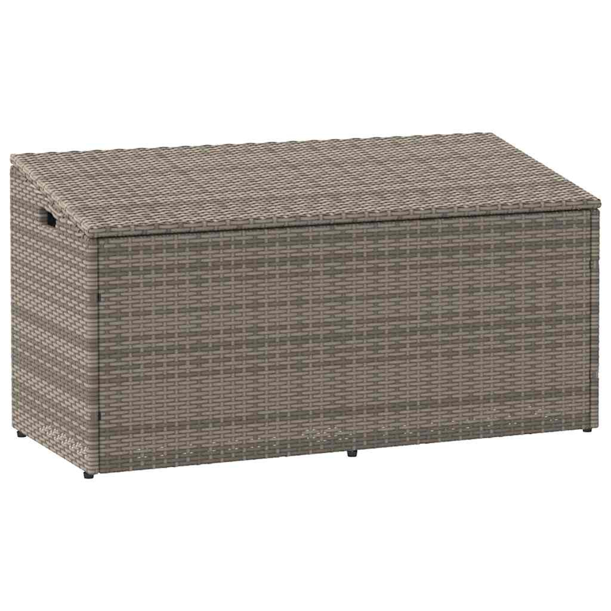 Wicker-Aufbewahrungsbox mit leicht schrägem Deckel. Gewebte Textur, neutrale Farben.