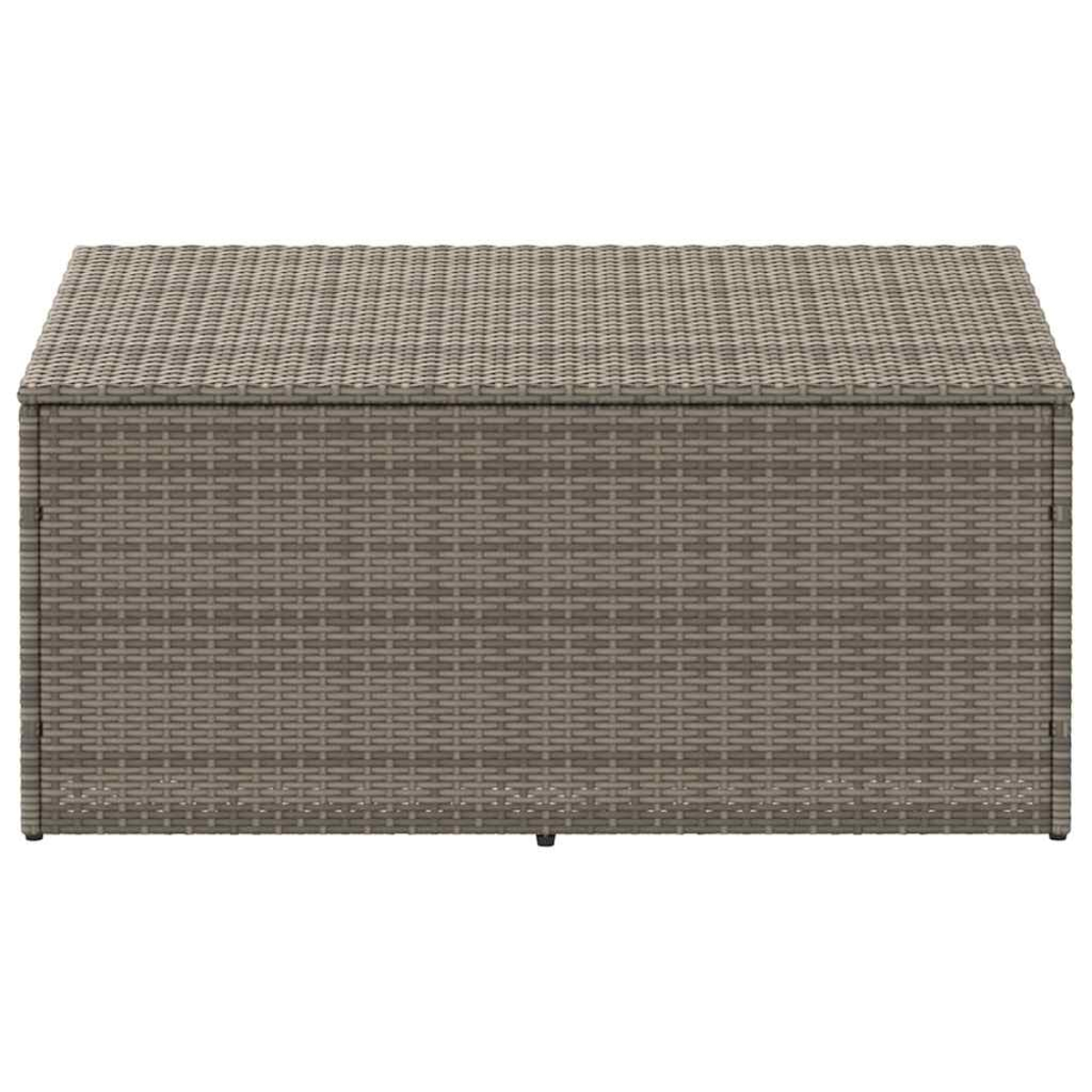 Graue Rattan-Aufbewahrungsbox. Rechteckige Box mit geschlossenem Deckel aus gewebtem grauem Material.