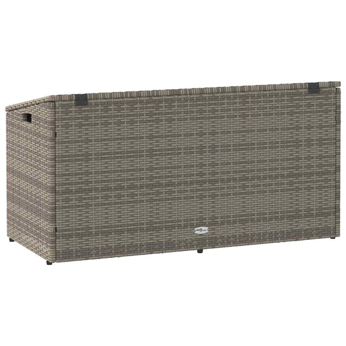 Graue Rattan-Aufbewahrungsbox mit Griff. Die Box ist rechteckig, grau und hat einen Griff.