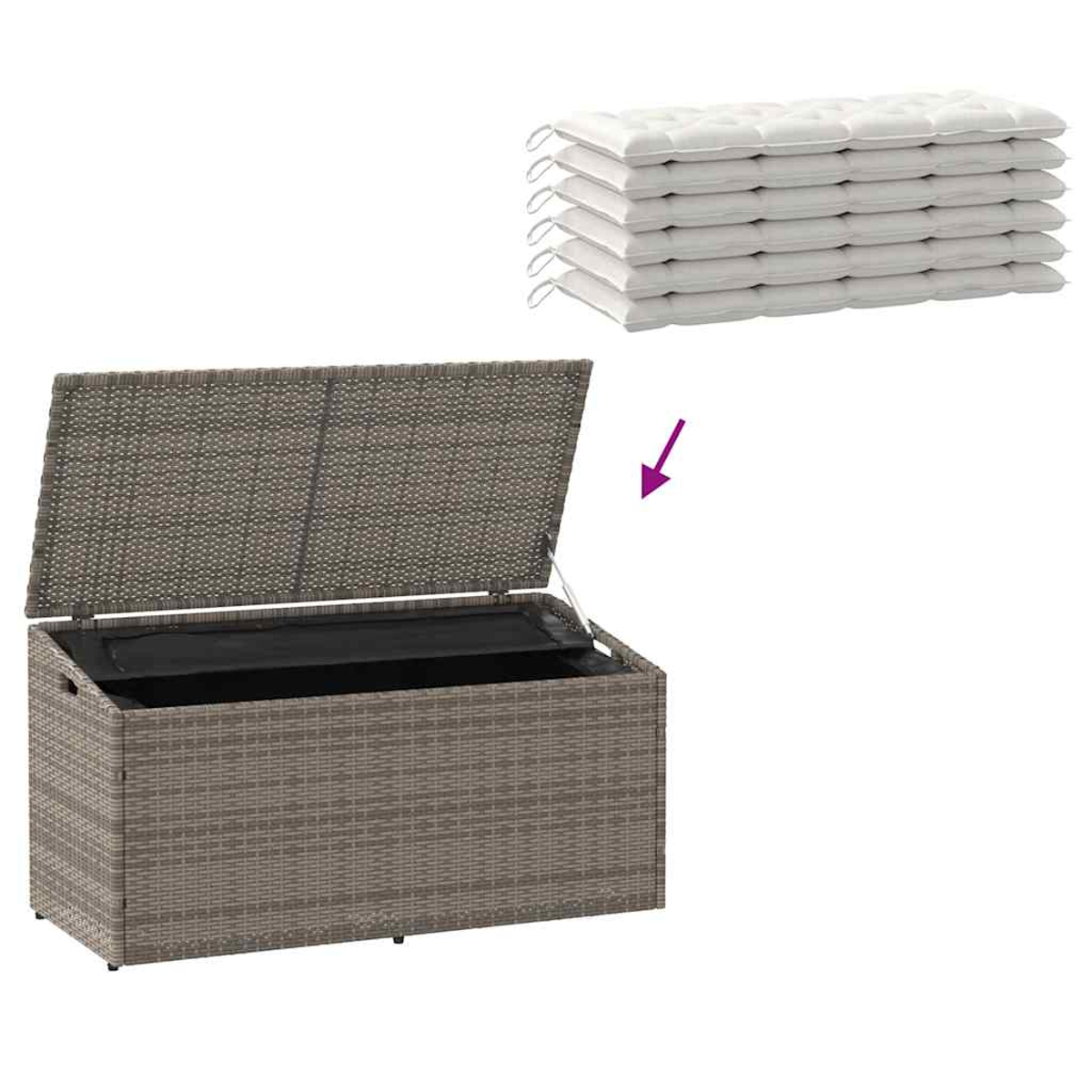 Offene Rattan-Truhe mit Kissen. Grau-braune Truhe mit offenem Deckel und Kissen auf weißem Hintergrund.