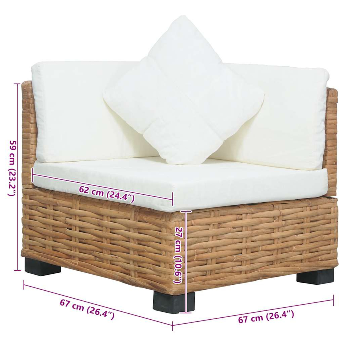 Rattan-Eckstuhl mit weißen Kissen. Maße: 67x67x59 cm. Schwarze Füße. Maße sind angegeben.