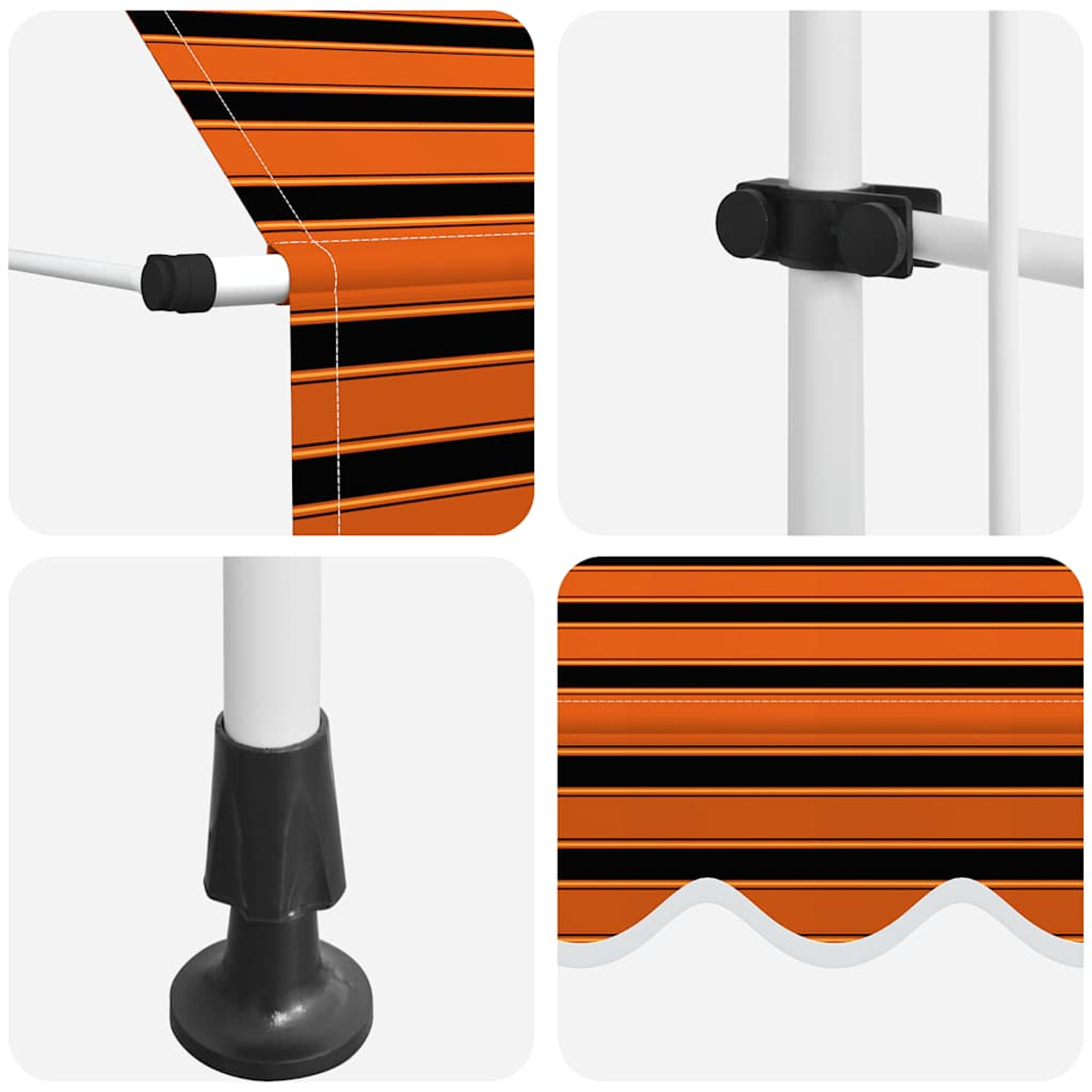 Nahaufnahme verschiedener Teile einer orange-schwarz gestreiften Markise. Weiße und schwarze Komponenten.