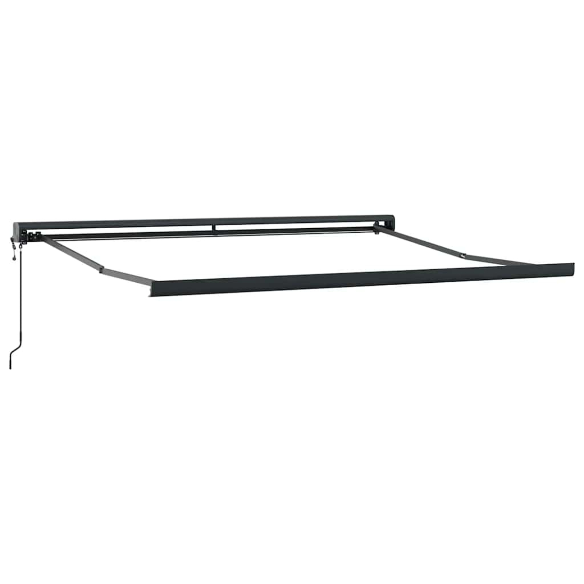 Un telaio per tenda da sole nero che si estende da un muro. Ha una manovella.