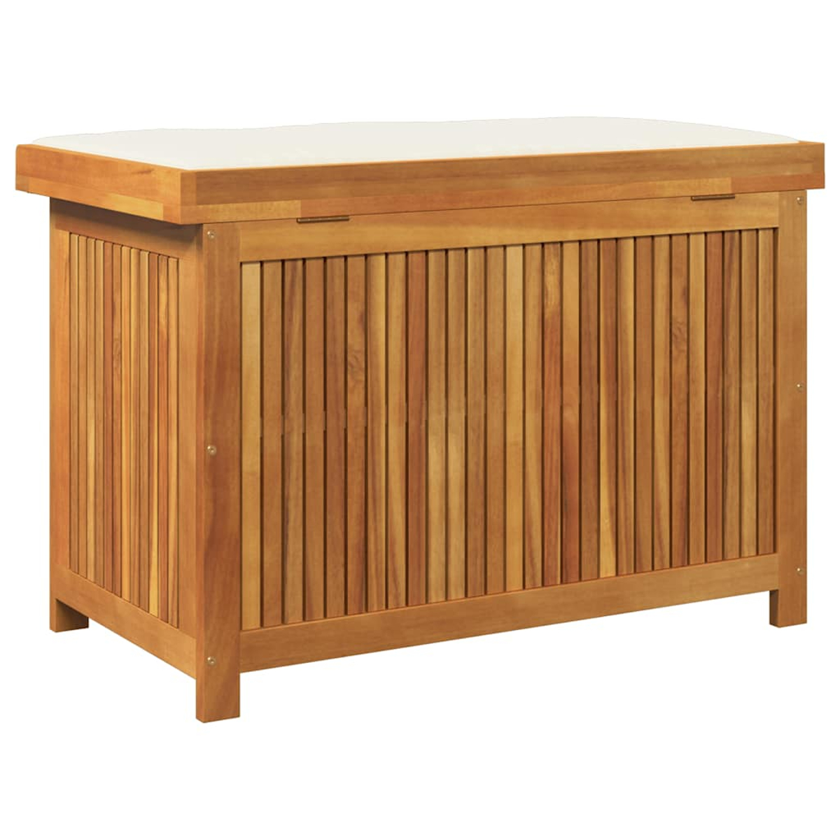 Holz-Aufbewahrungsbox mit weißem Kissen. Die Box hat vertikale Holzlatten.