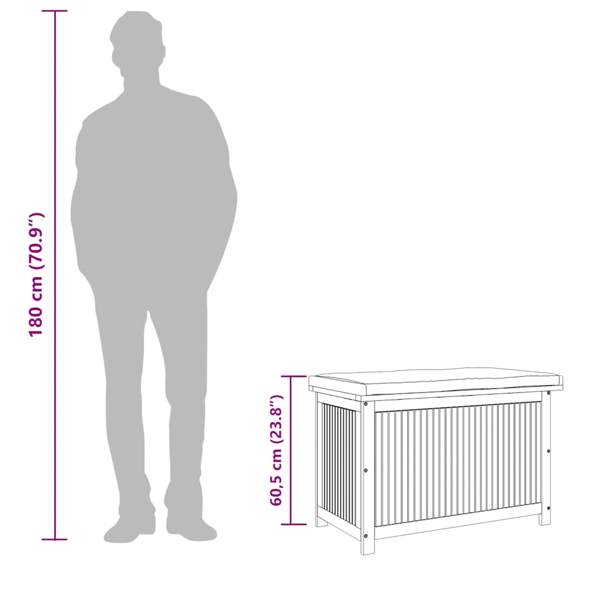 Eine Holzkiste mit einem weißen Kissen. Die Kiste steht neben einer Personensilhouette.