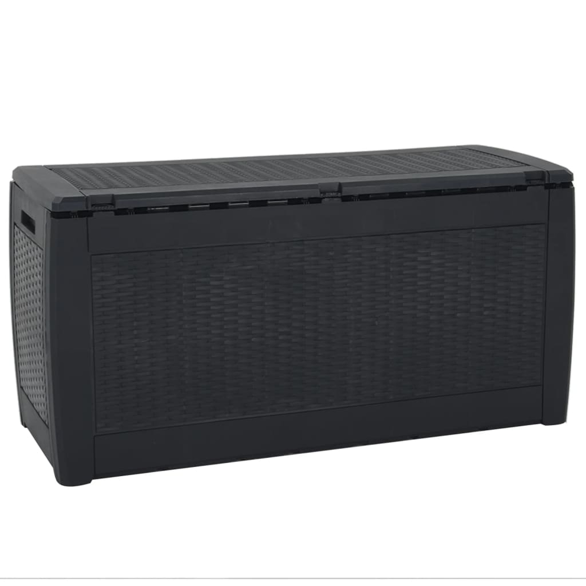 Schwarze Outdoor-Aufbewahrungsbox mit gewebter Textur.