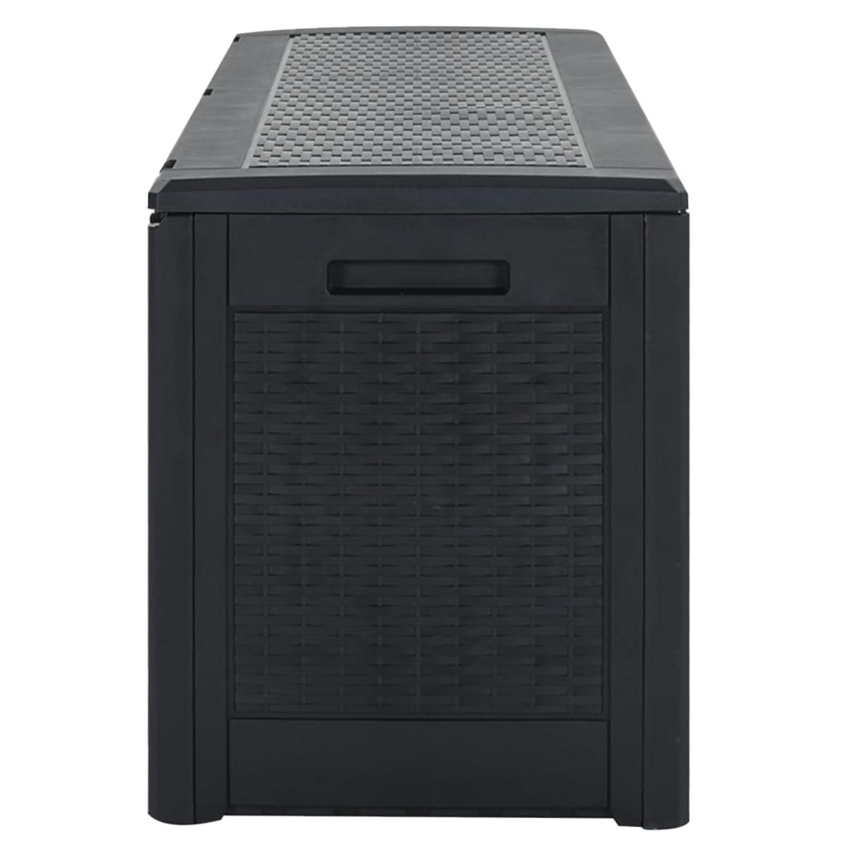 Schwarze Aufbewahrungsbox, gewebte Seite. Strukturierter Deckel, Griffdetail.